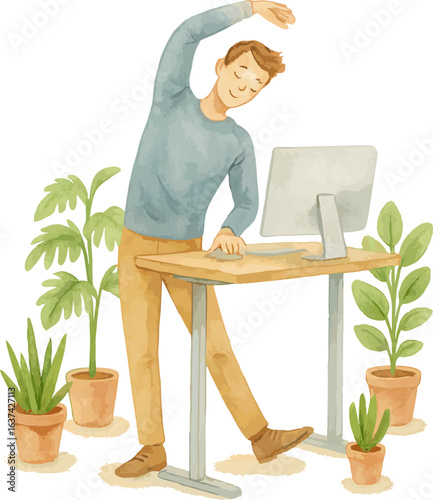 Watercolor Illustration of a Relaxed Lifestyle at a Workspace with Laptop and Houseplants – Minimalist Style, Transparent Background