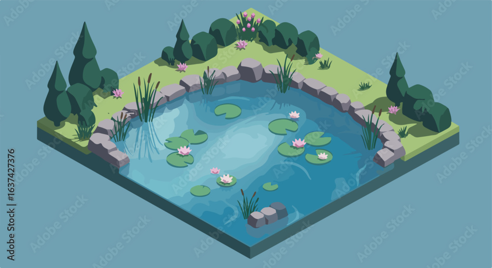 Obraz premium Isometric pond with lilly pads & plants, trees in back, for illustrative garden design