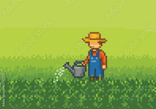 Pixelated farmer waters crops in grassy field.  Retro game graphic use case