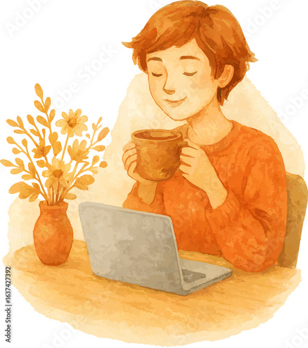 Watercolor Illustration of a Relaxed Lifestyle at a Workspace with Laptop and Houseplants – Minimalist Style, Transparent Background