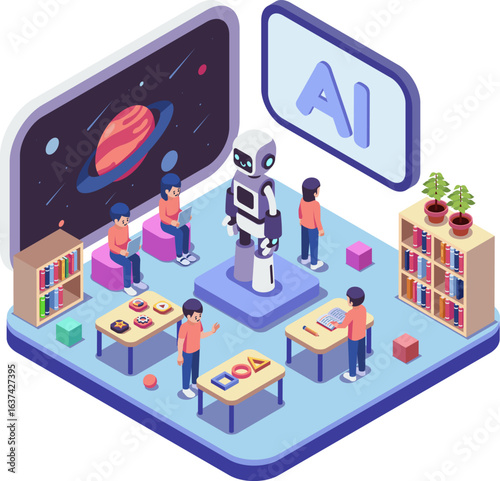 Isometric AI Learning Environment with Robot and Students