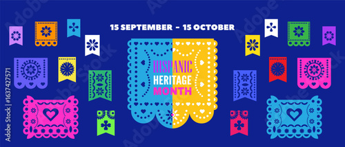 National Hispanic heritage month banner with girl, papel picado, guitar Hispanic and Latino Americans culture, event Celebrate annual october in United States Vector illustration template background