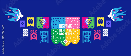 National Hispanic heritage month banner with girl, papel picado, guitar Hispanic and Latino Americans culture, event Celebrate annual october in United States Vector illustration template background