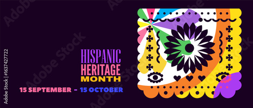 National Hispanic heritage month banner with girl, papel picado, guitar Hispanic and Latino Americans culture, event Celebrate annual october in United States Vector illustration template background