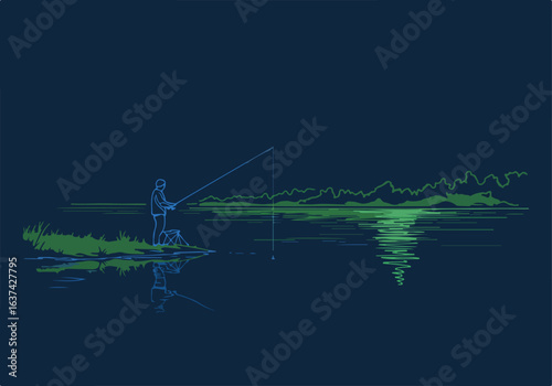 Person fishing on a lake with reflected trees. Illustration for a website or app