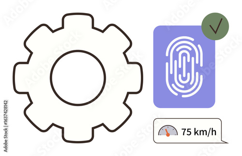 Gear for systems, fingerprint for security, speedometer for tracking, and checkmark for confirmation. Ideal for technology, security, innovation, process management, validation automation