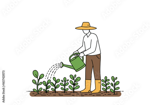 Simple farmer watering crops on a white background for illustration use