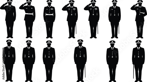 Silhouette of military officers, standing in formation, saluting, formal dress uniform, army and navy ranks, soldier ceremony, disciplined posture, armed forces respect, military vector illustration