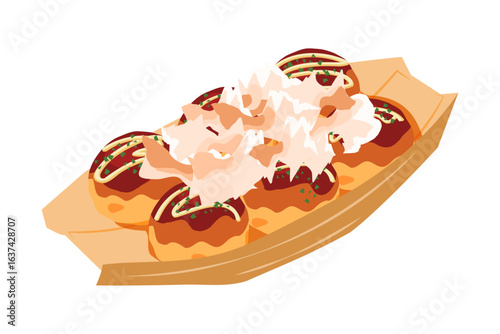 斜め上から見た鰹節をかけたたこ焼きのイラスト　6個