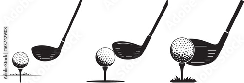 Three golf clubs and balls in silhouette