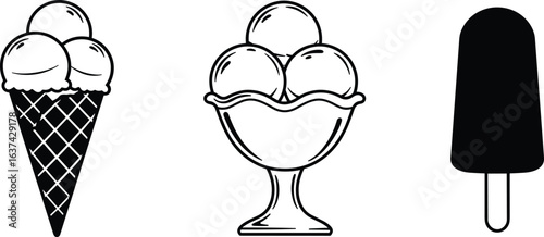 Ice cream cone, sundae bowl, popsicle silhouette, dessert illustration, frozen treats vector, sweet food design, summer snack, cold dessert clipart, ice cream graphic art
