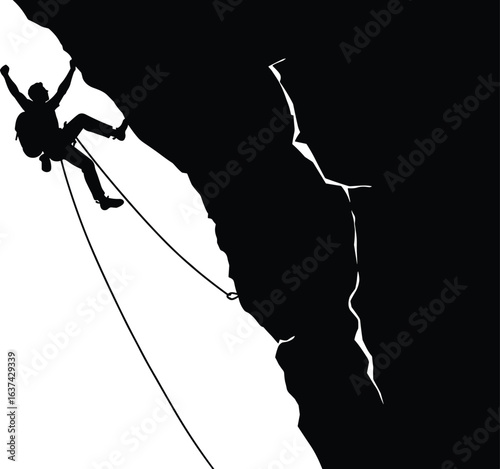 Silhouette of rock climber rappelling from steep cliff, extreme adventure sport, mountain climbing challenge, outdoor exploration, rope safety gear, rugged terrain, black and white illustration, 
