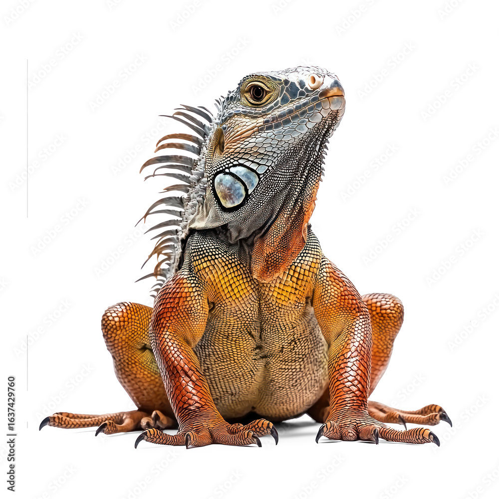 Obraz premium Iguana resting Stands or sits still, often with tail curled around its body. full length isolate on transparent background