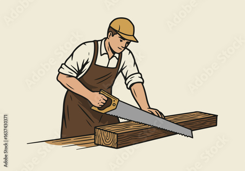 Carpenter sawing lumber, wood shavings in background. Use illustrating carpentry