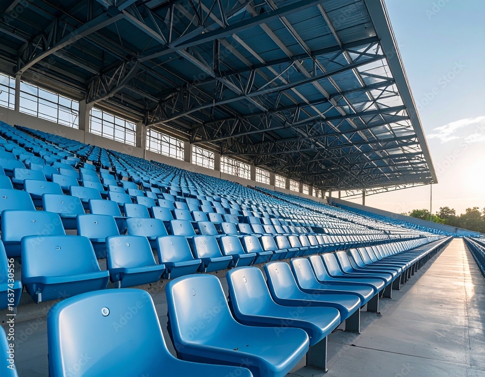 Naklejka premium Empty Blue Stadium Seats at Sunset