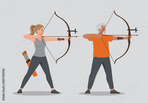 Mature man and young woman practicing archery; grey background. It's for sport