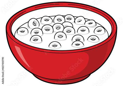 Bowl of round cereal soaking in milk on a white surface for food illustration
