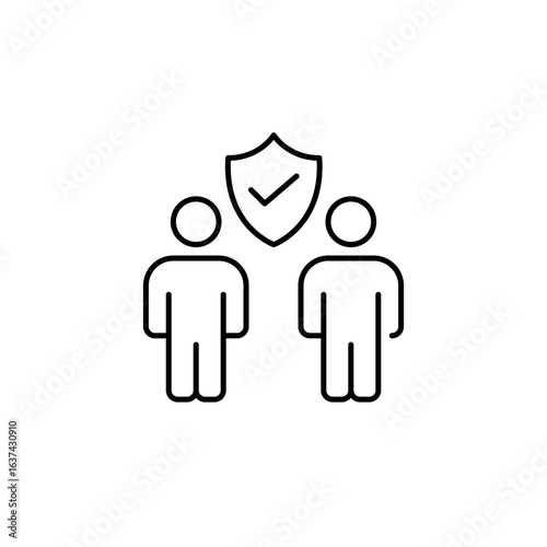 Two people, shield and checkmark. Trusted partnership, verified communication. Pixel perfect, editable stroke vector icon
