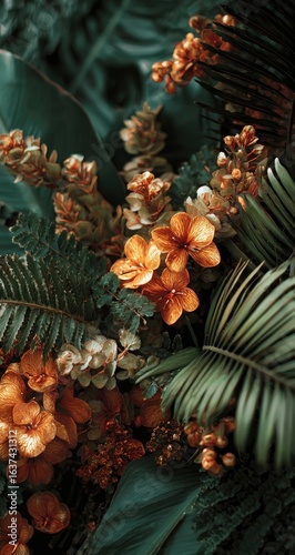 Close-up of vibrant, exotic flowers and foliage