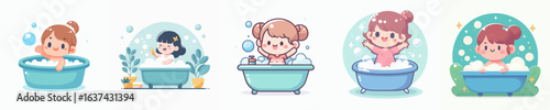 vector of a little girl taking a shower