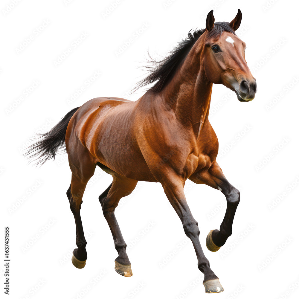 Fototapeta premium Horse playing A horse kicks or trots around energetically, tail raised in excitement. full length isolate on transparent background