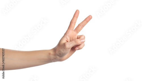 A fair-skinned hand displays the peace sign against a stark white backdrop