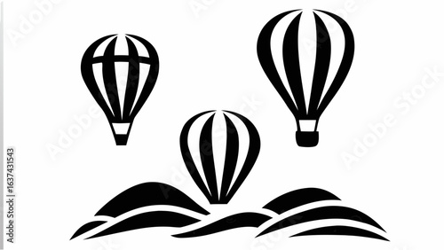 Three hot air balloons floating above rolling hills in a simple black and white vector illustration silhouette