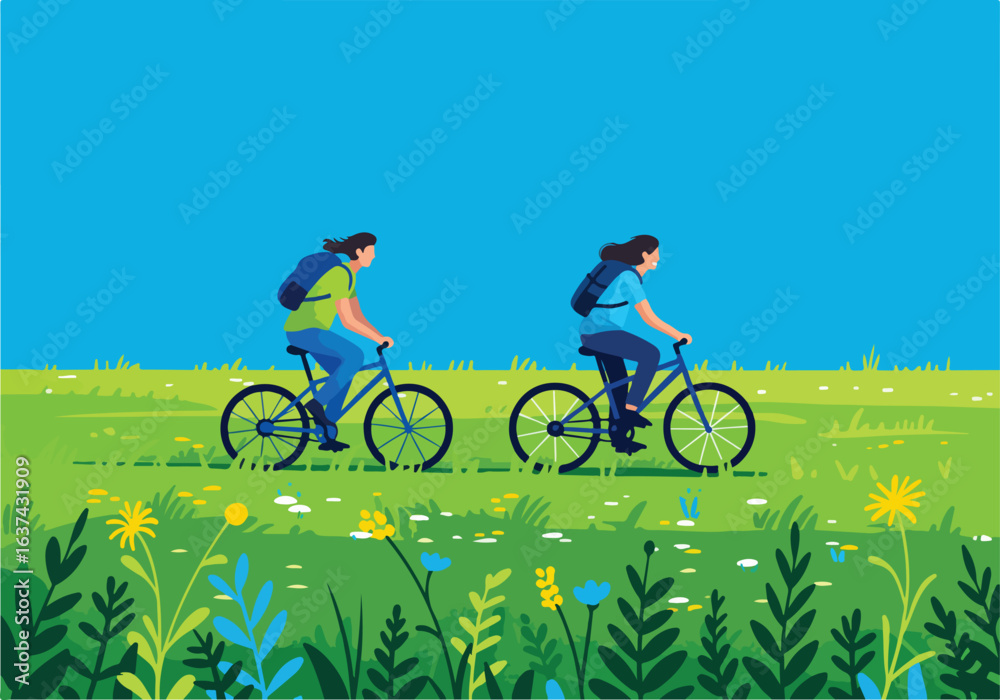 Fototapeta premium Riders with packs cycle through a flowered meadow against a bright blue sky
