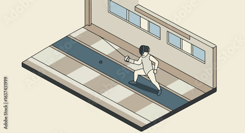 Isometric fencer lunges in studio with windows, illustration for sports concept