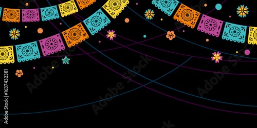 Hispanic heritage month background. Vector web banner, poster, card for social media, networks. Greeting national Hispanic heritage month, pattern and flags on black background.