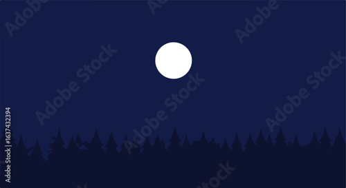 Forest silhouetted under the moonlit night sky, vector, scenic, for illustration