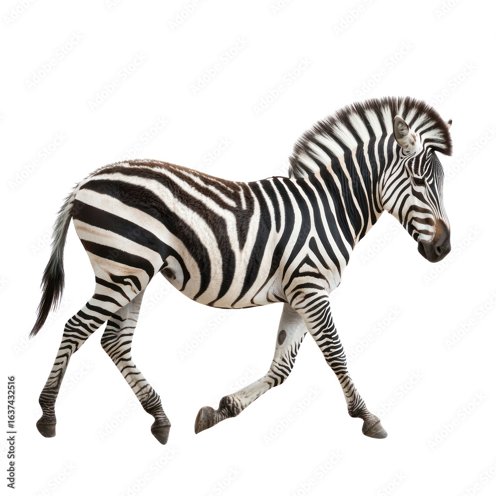 Fototapeta premium Zebra stretching A zebra stretches its front legs forward and neck long. full length isolate on transparent background