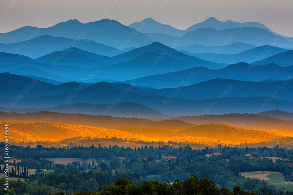 Fototapeta premium Layered mountain ranges in soft blues and golds