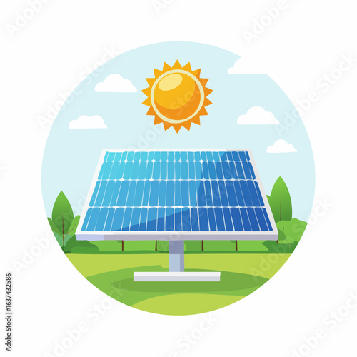 A vibrant illustration of a solar panel harnessing energy from the bright sun in a lush green field, symbolizing clean, renewable power and sustainability