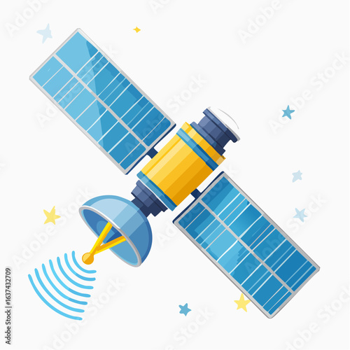 Vector illustration of a communication satellite in orbit, broadcasting signals for global exploration and data transmission