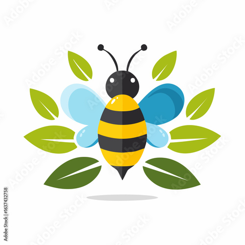 Stylized honey bee icon with green leaves, a simple flat design logo concept for organic products and environmental branding