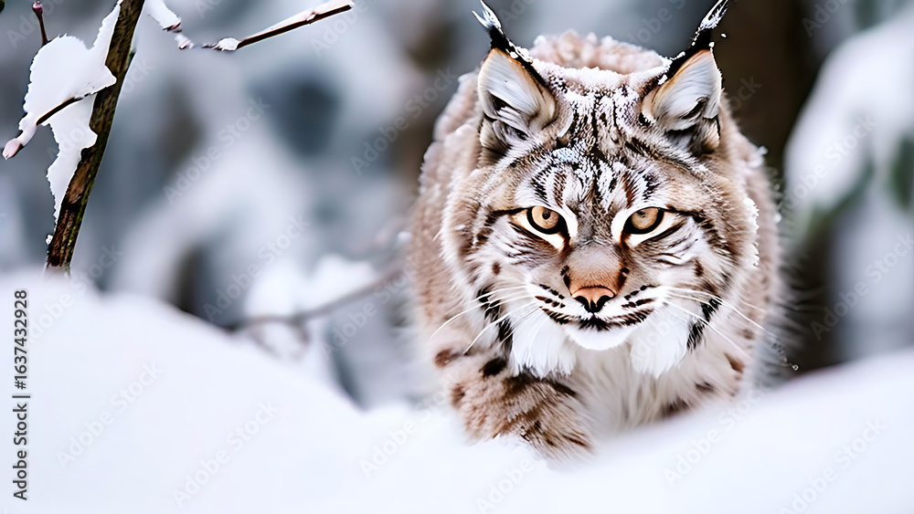 Obraz premium now nature lynx face walk winter wildlife in europe lynx in the snow snowy forest in february. 