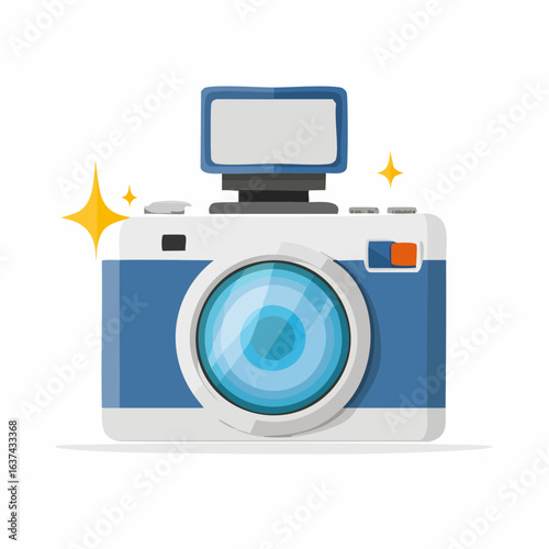 A vibrant vector illustration of a retro-style photography camera with an illuminated flash, symbolizing creative capture, visual artistry, and cherished memories