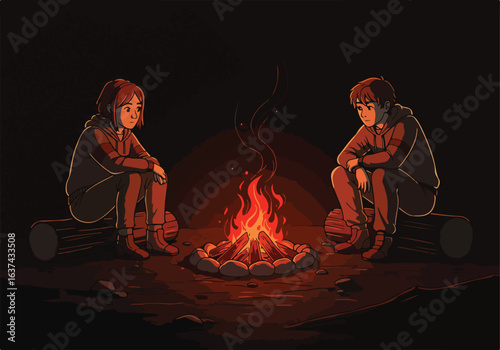 Couple sits around campfire at night, talking in forest clearing for blog use