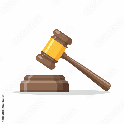 Flat Vector Illustration of a Wooden Judge's Gavel and Sound Block, Symbolizing Justice, Legal Proceedings, Auction Decisions, and Authority in a Courtroom or Formal Setting