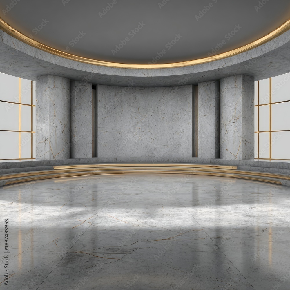 Obraz premium Empty, modern, circular room with marble walls & floor, gold accents, large windows