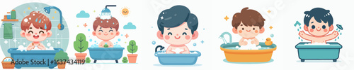 vector of a little boy taking a shower