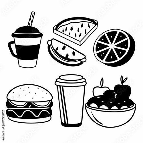 Illustration of various food and drink items isolated on white background in doodle style