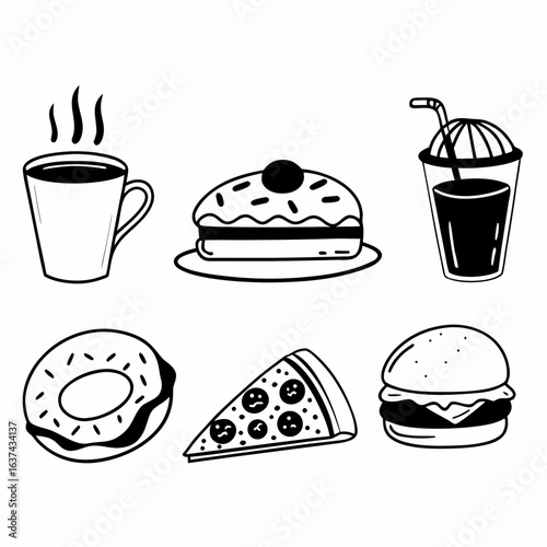 Illustration of various food and drink items isolated on white background in doodle style