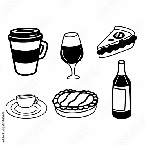 Illustration of various food and drink items isolated on white background in black and white style
