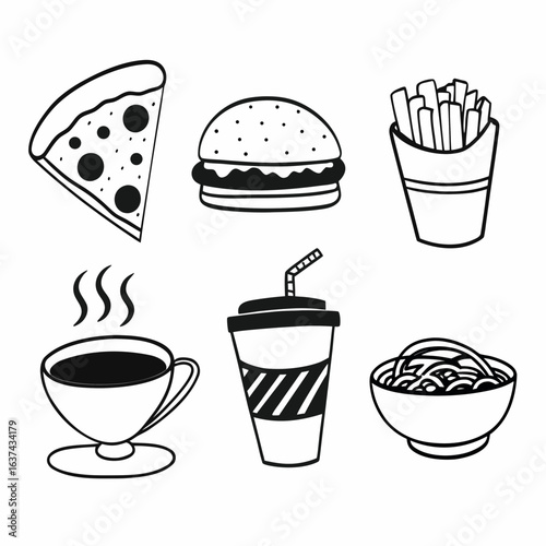 Illustration of various food and drink items isolated on white background in black and white drawing style