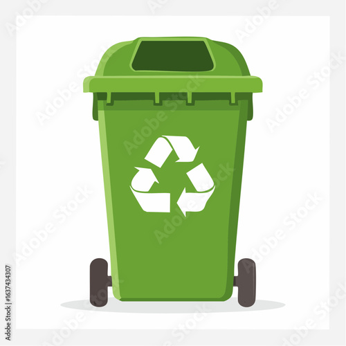 Green recycling bin for waste sorting and environmental protection, flat vector illustration isolated on a white background