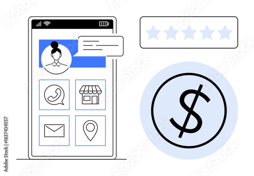 Mobile screen showing customer profile, contact icons, and store details alongside a star rating and dollar sign. Ideal for communication, e-commerce, payment systems, service ratings, user feedback