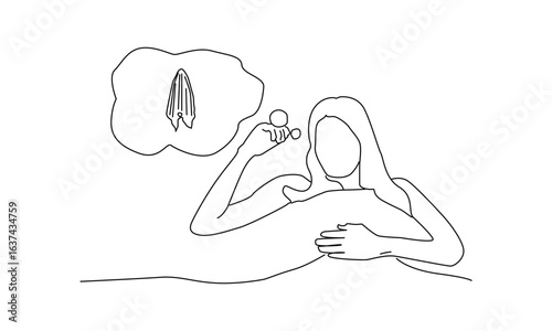 Minimalist Line Drawing of a Woman Thinking About Ice Cream – Whimsical Black and White Illustration