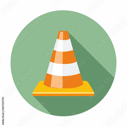 Road traffic cone icon in flat style with long shadow. A safety warning symbol for construction, maintenance, and caution alerts.